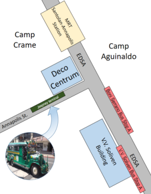 Map showing Annapolis St. and its T-junction with EDSA. EDSA is at an angle slightly tilted from the north-south line, while Annapolis St. forms 90 degrees angle on the right of EDSA. The map shows Deco Centrum building at the north corner of EDSA and Annapolis, and MRT Santolan-Annapolis Station along EDSA north of Deco Centrum. The V. V. Soliven Building is situated south of Annapolis St. near but not at the exact corner of Annapolis and EDSA. The V. V. Soliven bus stop A is adjacent to V. V. Soliven Building, while the Boni Serrano bus stop A is across it. The spot along Annapolis where jeepneys form a queue is also marked here adjacent to Deco Centrum.