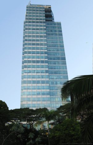 BDO Equitable Tower is a tall building covered in blue-green glass panels. This picture shows the view from the middle of Ayala Triangle Park.