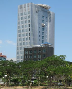 Photo of Common Goal Tower taken from Industry St. cor. Trade Avenue. Note that the Industry St. is a C-shaped road. Thus, the one that intersects Trade Ave. is not of the same orientation as the one at the front of Common Goal Tower.