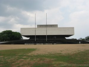 Front view of Cultural Center of the Philippines as seen from the sidewalk right in front of it on the side of Roxas Boulevard between Pedro Bukaneg St. and Vicente Sotto St.