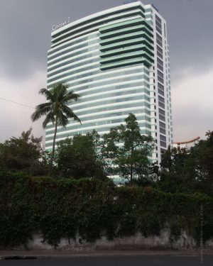 The Cyberpark Tower 2 is rectangular with bulging front and back surfaces and a green facade. This picture was taken from EDSA cor. Tuazon Boulevard. A white wall with plants crawling on it obscures the lower levels of Cyberpark Tower 2.