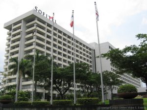 Photo of Sofitel shot from the sidewalk along Atong Dela Rama St. opposite that of the hotel.