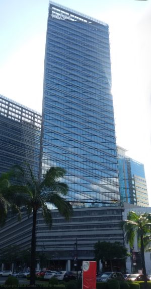 Net Park has a facade of glass windows and diagonal beams.